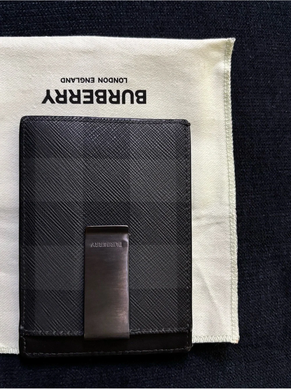 Burberry Black Check Money Clip Card Holder with Gunmetal Clip
